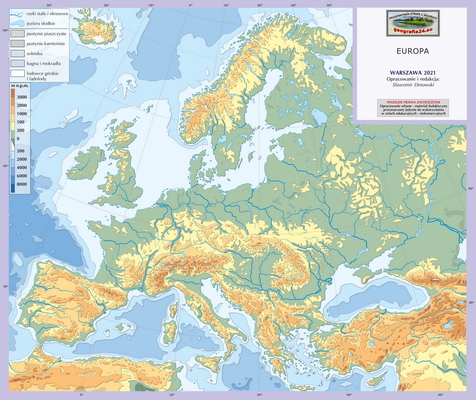 Mapa Fizyczna Świata - ćwiczebna, konturowa - hipsometria - Europa