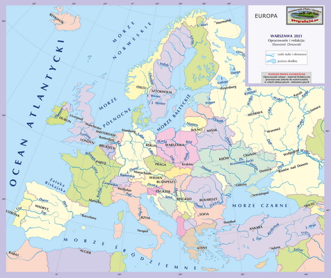 Mapa Fizyczna Świata - wersja dla uczniów z poziomu podstawowego (A4) - polityczna - Europa