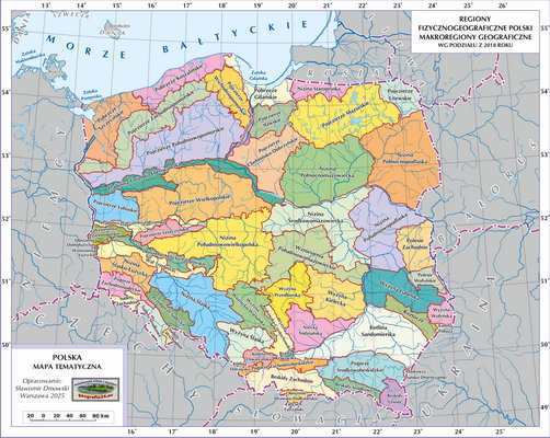 Mapa Polski - makroregiony fizycznogeograficzne (wersja z powierzchniami krain - z podpisami obiektów)