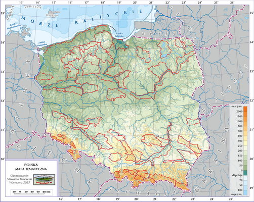 Mapa Polski - mezoregiony fizycznogeograficzne (wersja z podkładem fizycznym Polski - bez podpisów obiektów)