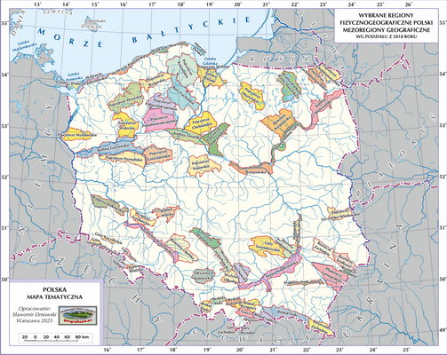 Mapa Polski - mezoregiony fizycznogeograficzne (wersja z powierzchniami krain - z podpisami obiektów)
