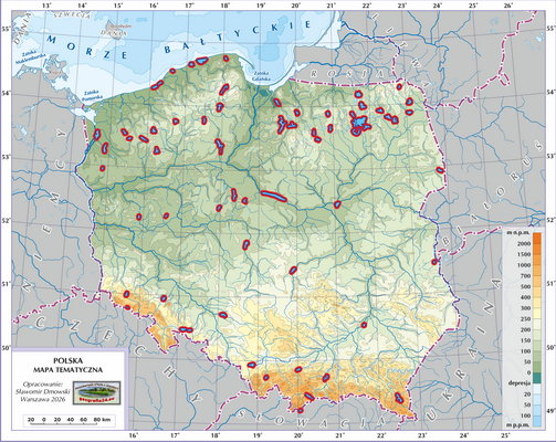 Mapa Polski - Hydrografia Polski - jeziora (wersja bez podpisów obiektów oraz z podkładem fizycznym i wskazanymi na czerwono jeziorami do nauki)