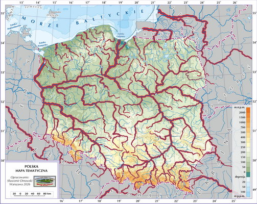 Mapa Polski - Hydrografia Polski - rzeki (wersja bez podpisów obiektów oraz z podkładem fizycznym i wskazanymi na czerwono rzekami do nauki)