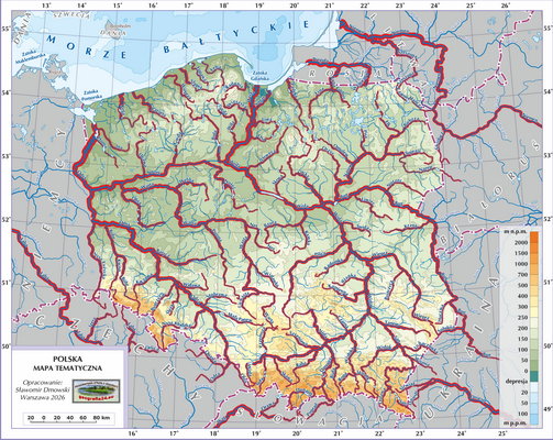 Mapa Polski - Hydrografia Polski - rzeki (wersja z podpisami i podkładem fizycznym i wskazanymi na czerwono rzekami do nauki)