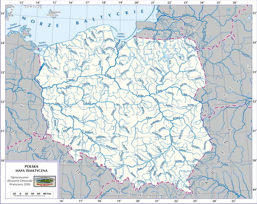 Mapa Polski - Hydrografia Polski - rzeki (wersja z podpisami)